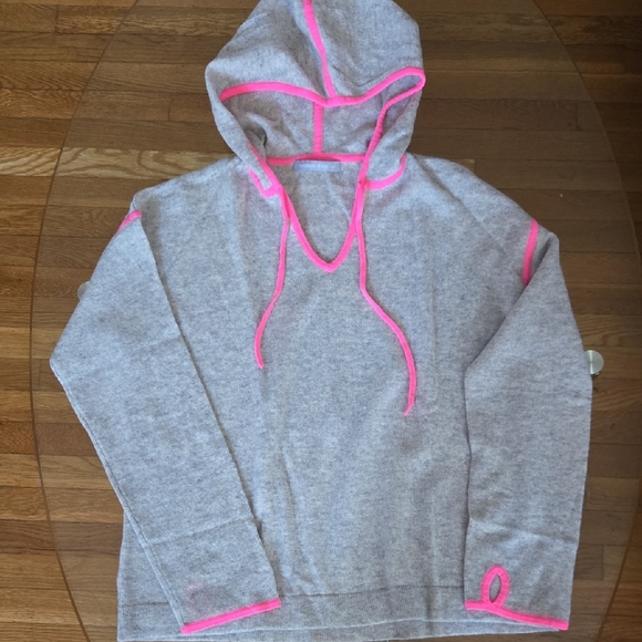 Hannah Rose Heather Gray Cashmere Hoodie with Neon Pink Accents - Picture 2 of 5